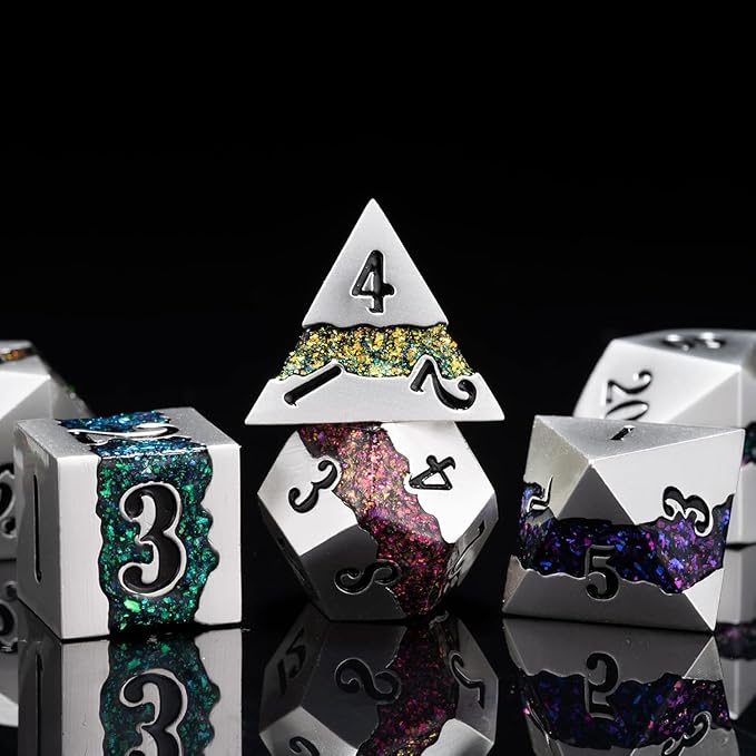 Polyhedral Metal Dice Set,7pcs Set Glitter Stripe DND Dice with Gift Box for RPG