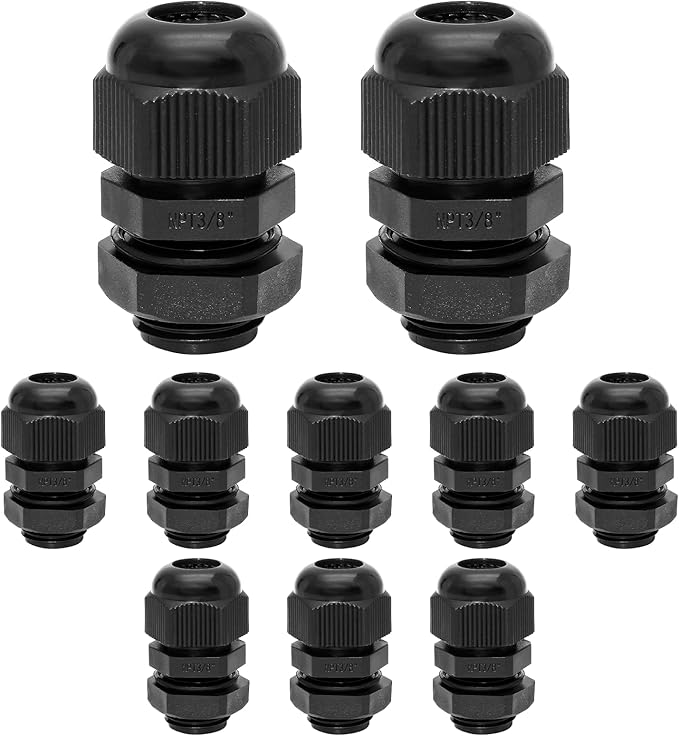 10 Pcs 3/8" NPT Nylon Cable Glands, IP68 Waterproof Adjustable Cord Grip Cable Connector Strain Relief Wire Protectors for 5-9mm Cable Diameter, Black