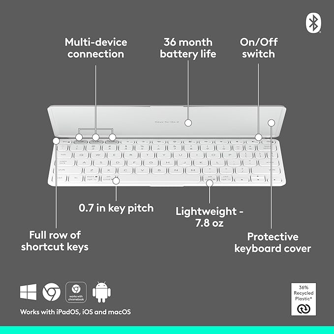 Logitech Keys-to-GO 2 Portable Compact Wireless Keyboard with Built-in Cover, Slim Tablet Keyboard for iPad, iPhone, Mac, Apple TV - Pale Grey