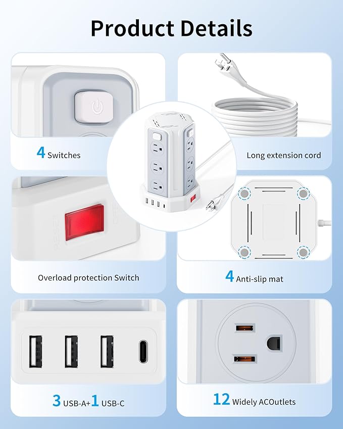 Power Strip Surge Protector, 10 Ft Extension Cord with 12 AC Multiple Outlets 4 USB (1 USB C), SMALLRT Power Tower Desktop Charging Station (White, 6.5 FT)