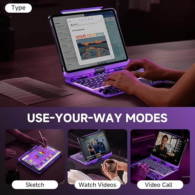 Transparent Case with Keyboard iPad Air (M3/M2,2025/2024) 11 Inch,Compatible 10.9" iPad Air 5th/4th & 11" iPad Pro 4/3/2/1,7-Color Backlit,Wireless Keyboard, 360°Rotating,with trackpad,Purple