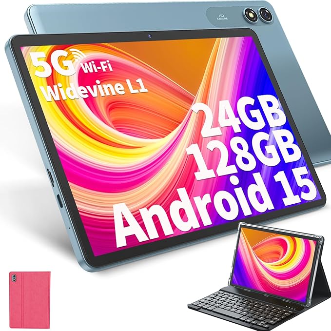 Android Tablet with Keyboard, Android 15 Tablet 10 inch with 24GB+128GB, 1TB Expand, 8-Core, 8000mAh, 5G WiFi, Widevine L1, GMS, with Case, Keyboard, Mouse, Stylus(Pink)