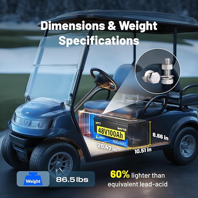 48V Lithium Battery Golf Cart Built-in BMS 200A Bluetooth, 48 Volt 100Ah Lithium Battery for Golf Cart with 15A Charger, Vibration-Resistant Structure, 10 Years Lifespan Deep Cycle 15000+