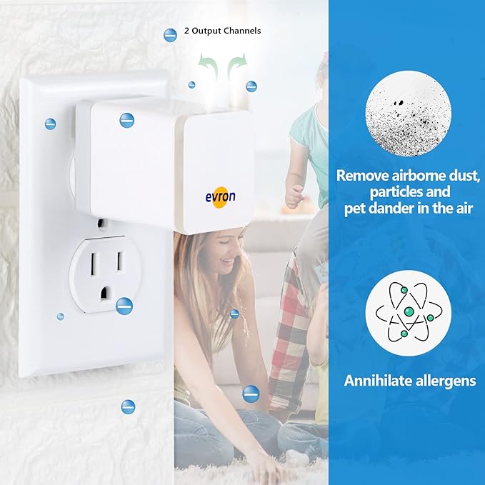 evron Plug-In Air Ionizer for Home & Travel, 20 Million Negative Ions/sec, Compact & Foldable Prongs, No Filter Needed, Quiet Odor Eliminator for Room, Pet, Bathroom, Hotel (Blue light 1 Pack)