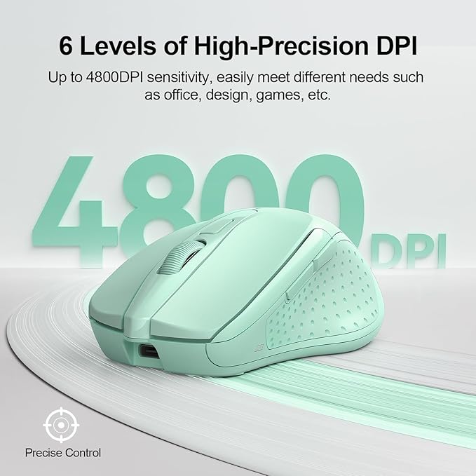 TECKNET Wireless Mouse (BT5.0/3.0 & 2.4G) Rechargeable 4800 DPI Silent USB A & Bluetooth Mouse 6 Buttons, Wide Compatibility - Green