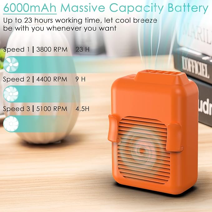 Portable Mini Waist Fan Clip on Belt, 6000mAh Rechargeable Battery Powered Wearable Body Fan With Max 23H Working Time, 3 Speeds, 5100RPM Strong Airflow for Jobsite Farm Fishing Gardening Camping
