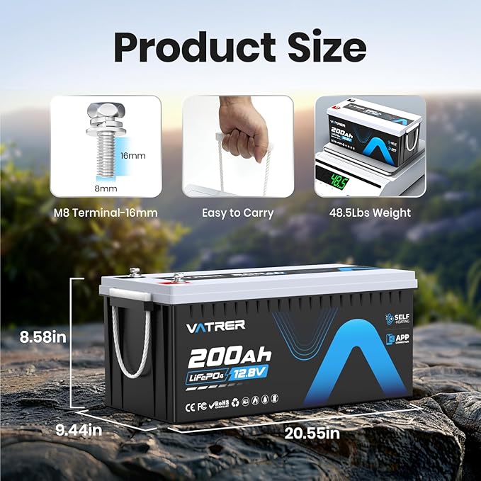 12V 200AH Bluetooth LiFePO4 Lithium Battery with Self-Heating, Built-in 200A BMS, Supports Low Temp Charging(-4°F), 5000+ Cycles, Perfect for RV/Camper, Solar, and Off-Grid Applications, etc.
