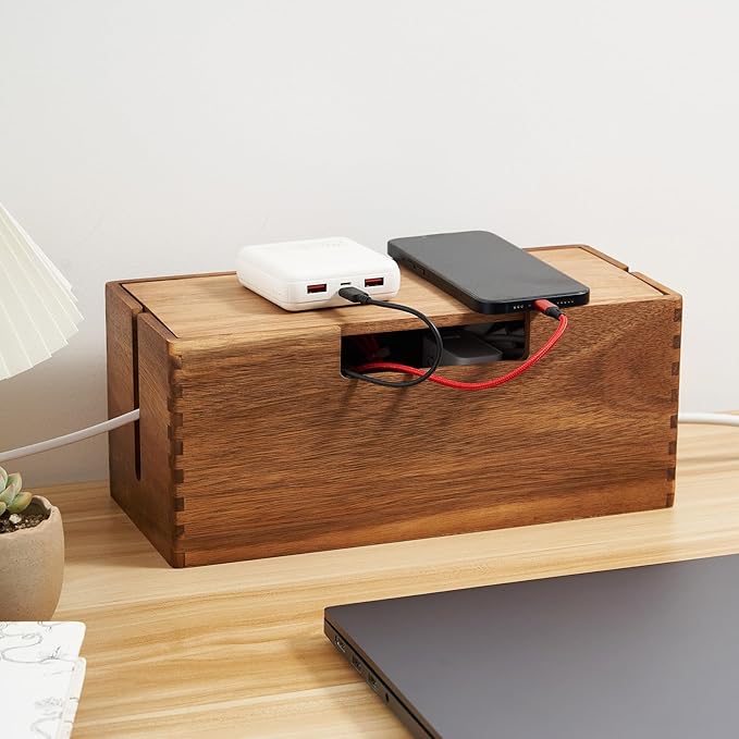 Acacia Wood Cable Management Box, Wooden Cord Hider & Organizer for Power Strip, Electrical Hiding, TV Wires, Desk & Floor Cables - Office Under Desk Cable Storage Box for Wire Storage Organization