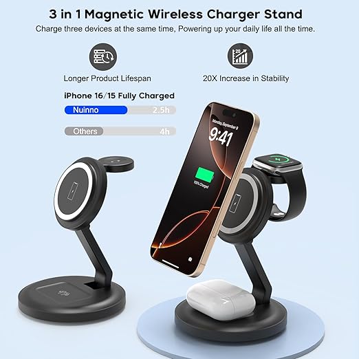 Charging Station, 3 in 1 Foldable Wireless Charger iPhone Charging Station Charger Stand Multiple Devices for Apple, with PD Adapter and USB C Cable for iPhone 17/16/15/14/13,iWatch,AirPods All Series