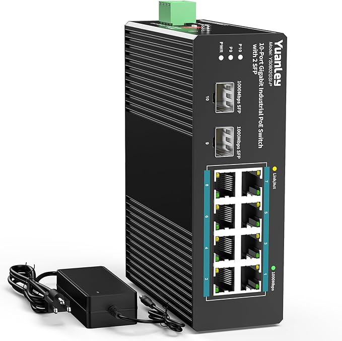 YuanLey 10 Port Industrial Switch with 8 Port PoE Gigabit & 2X SFP Port, Unmanaged PoE Switch with 120W Power Adapter, IEEE802.3af/at, VLAN & RSTP, Din-Rail PoE Switch for IP Camera, VoIP Phones,AP