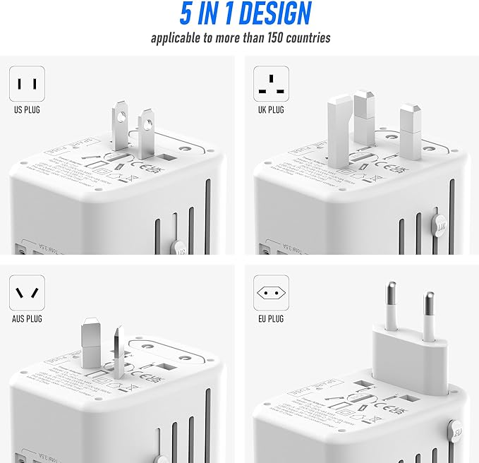 Universal International Power Travel Plug Adapter, 5 in 1 European Travel Plug Adapter W/ 3.5A 2xUSB-A and 2xUSB C Wall Charger and Worldwide AC Outlet for Europe USA UK AUS Asia (White Grey)