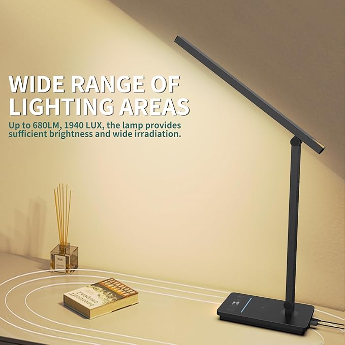 10 in 1 Smart Desk Lamp Led, Desk Light for Colleage Drom Room Office, Eye-Caring Table Lamp with Night Light, Lamp for Desk with 10W Wireless Charger, Dimmable Touch Lamp, Birthday Gifts for Women