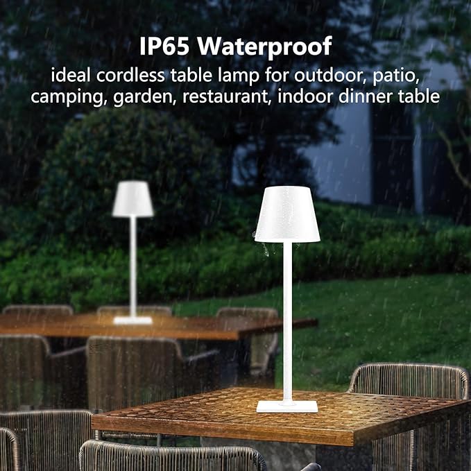 Cordless Table Lamp Rechargeable Lamps: 6000mAh Battery Operated Table Lamp Outdoor Waterproof, Touch Control, Portable Wireless Desk Lamp for Dinner/Bedroom/Restaurant （White2 Pack