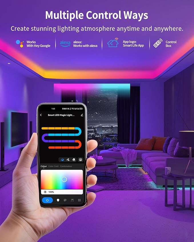 RGB+IC LED Strip Lights, Smart Bluetooth LED Light for Bedroom, Color Changing LED Strips with 44 Scene Modes, Segmented Control, for Room, Party, Festival, Gathering (32.8ft)