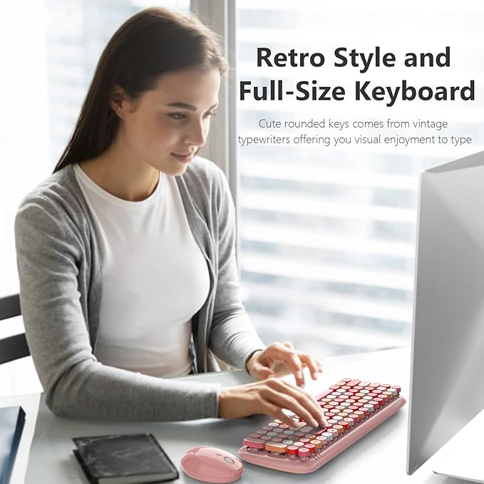 KNOWSQT Wireless Keyboard and Mouse Combo, Light Pink 100 Keys 2.4 GHz Round Keycap Typewriter Keyboards, USB Receiver Plug and Play, for Windows, PC, Laptop, Computer, Desktop