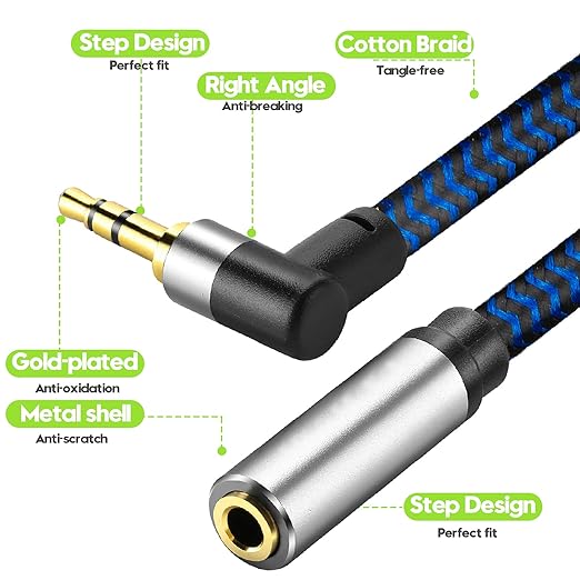 3.5mm Male to Female Extension Stereo Audio Extension Cable 3FT, Cotton-Braided Audio Extension Cable, Stereo Jack Cord for Phones, Headphones, Speakers, Tablets, PCs and More