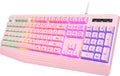 Pink Creamy Keyboard, Rainbow LED Backlit, 104 Keys Silent Light Up Gaming Keyboard with Wrist Rest, PBT Keycap, Anti-ghosting, Waterproof USB Wired Computer Keyboard for PC Mac Xbox