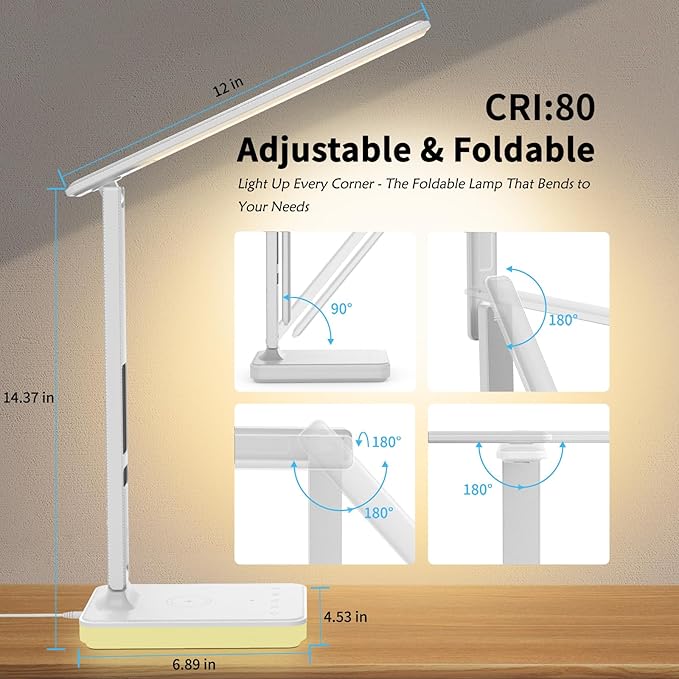 LED Desk Lamp for Home Office, USB Charging Port, Reading Lamp Desk Light with 5 Brightness, 3 Colors, Table Lamp with Clock, Alarm, Date, Temperature, Desk Lamp for College Dorm Room (White)