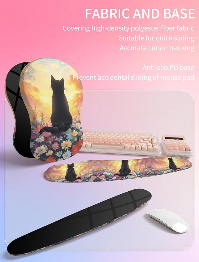 Hokafenle 2in1 Combination, Wave Keyboard Wrist Rest and Ergonomic Curvature Mouse Pad Wrist Support for Relieve Wrist Pain, Filled with Soft Cushion Memory Foam, Wishing Cat