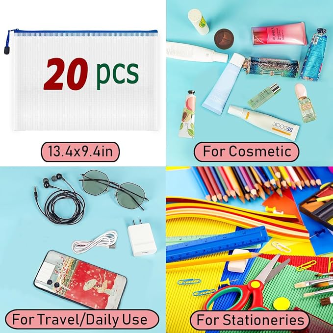 AUSTARK 20 Pcs Zipper File Bags, Plastic Mesh Pouch, Board Game Storage Bag, Waterproof Bags for Office School (A4 Size 13.4''x9.4'', White and Blue)