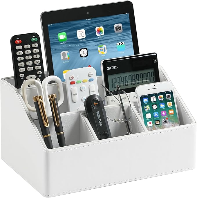 PU Leather Desk Organizer, Luxury Remote Control Holder for Home, Office Desk Accessories Table Caddy Bedside Nightstand Organizer (White)