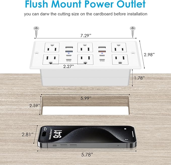 30W Recessed Power Strip USB C, Desk Flush Mount Outlet Plug in 6 AC & 8 USB Ports for Furniture Conference Power Hub, 6FT