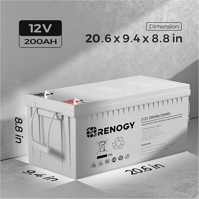 Renogy Deep Cycle AGM Battery 12 Volt 200Ah, 3% Self-Discharge Rate, 2000A Max Discharge Current, Safe Charge Most Home Appliances for RV, Camping, Cabin, Marine and Off-Grid System, Maintenance-Free