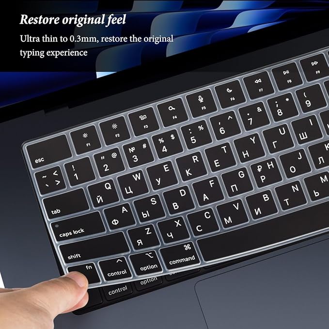Russian Language Keyboard Cover Skin Compatible for 2025-2022 MacBook Air 15.3 inch A2941 A3114 A3241/MacBook Air 13.6 inch A3113 A2681 A3240 with M4 M3 M2,MacBook Air 2025 Keyboard Protector-Black