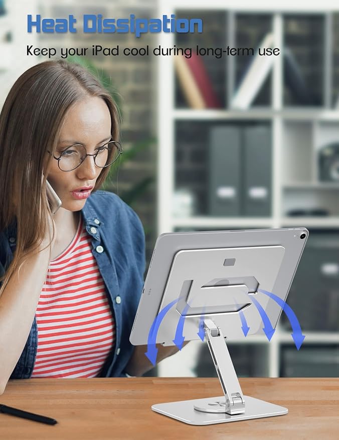 Tablet Stand Holder with 360°Rotating Base - Adjustable Aluminum Desktop Stand for iPad Holder for Desk Compatible with 4-13" Tablets, Silver