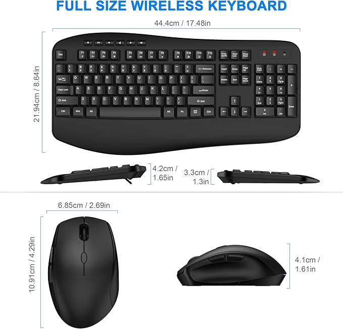 Wireless Keyboard and Mouse Combo, EDJO 2.4G Full-Sized Ergonomic Computer Keyboard with Wrist Rest and 3 Level DPI Adjustable Wireless Mouse for Windows, Mac OS Desktop/Laptop/PC（Classic Black）