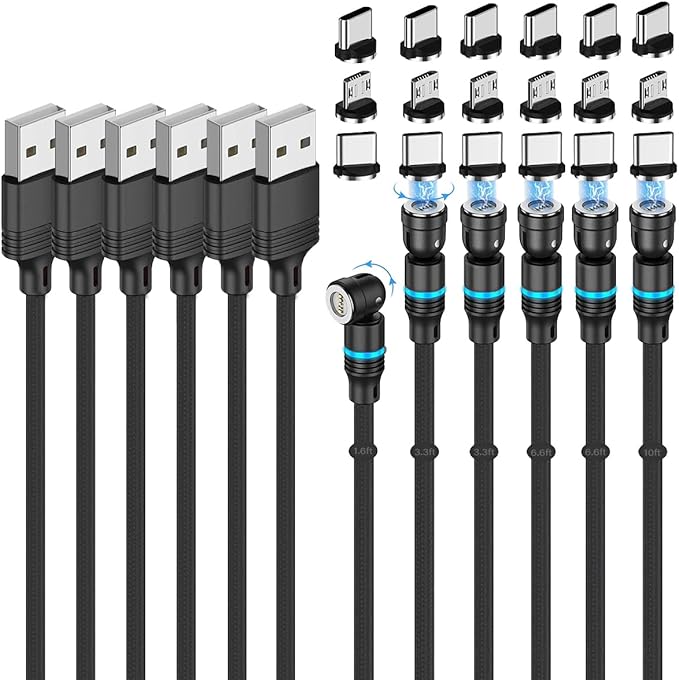 Magnetic Charging Cable (6-Pack,1.6+3.3+3.3+6.6+6.6+10ft) 540° Rotation 3A Fast Charging Data Sync 3 in 1 Magnetic Phone Charger Cable with LED Light Compatible with Micro USB Type C Phone Device