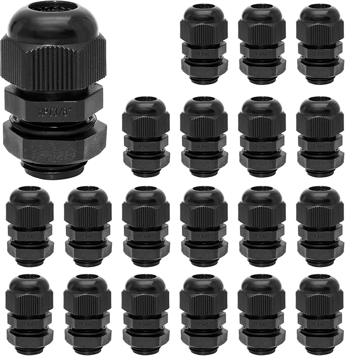 20 Pcs 3/8" NPT Nylon Cable Glands, IP68 Waterproof Adjustable Cord Grip Cable Connector Strain Relief Wire Protectors for 5-9mm Cable Diameter, Black