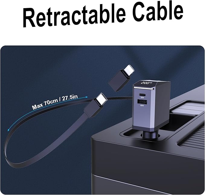Aftertop 200W Retractable Car Charger, 3-in-1 Independent Fast Charging, 2.3ft 105W Retractable Cable, Power Display USB C Car Charger for MacBook Pro, iPhone 16 15, Galaxy S25 S24 Ultra etc