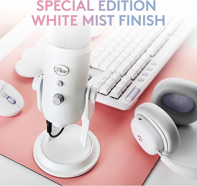Logitech Creators Blue Yeti USB Microphone for Gaming, Streaming, Podcast, YouTube, Discord, PC, Studio Sound, Plug & Play-White Mist