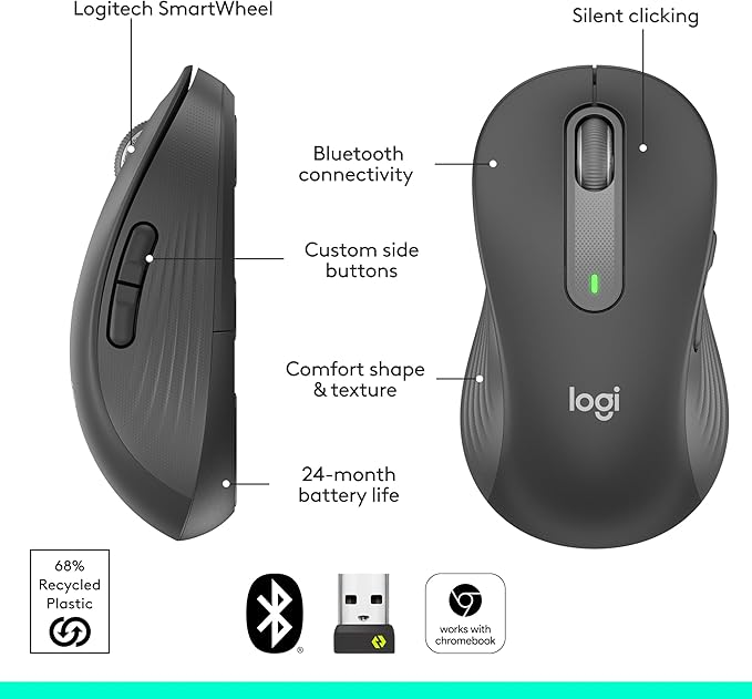 Logitech Left Handed Wireless Mouse Signature M650 L Full Size - 2 Year Battery, Silent Clicks, Customizable Buttons, Bluetooth, PC/Mac/Chromebook - Graphite, Large