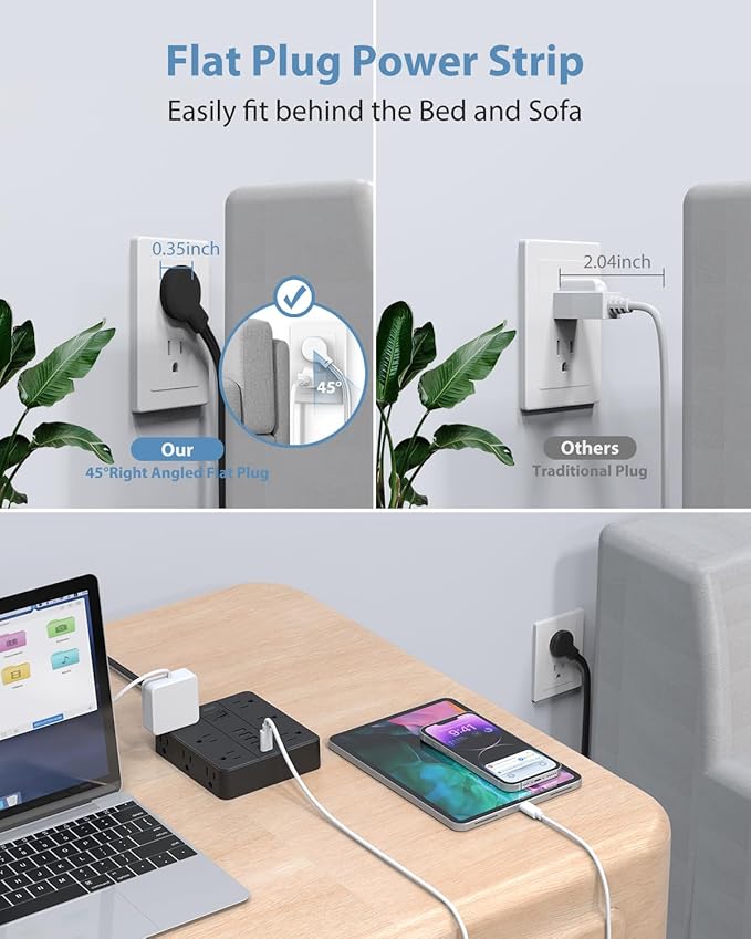 Power Strip Flat Plug with 12 Outlets 6 USB(2 USB C),SMNICE Surge Protector Charging Station with Overload Protection,5ft Extension Cord Widely Spaced Multiple Outlets for Home Office Dorm,Black