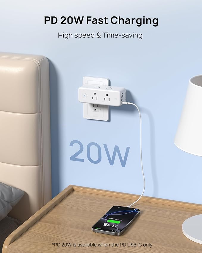 TROND Outlet Extender Surge Protector, 6 AC Outlet Splitter with Rotating Plug 360, Multi Plug Adapter with PD 20W USB C, 1440J, 2 USB-A & 2 USB-C, 3 Way Wall Extension Outlet for Home Office Travel