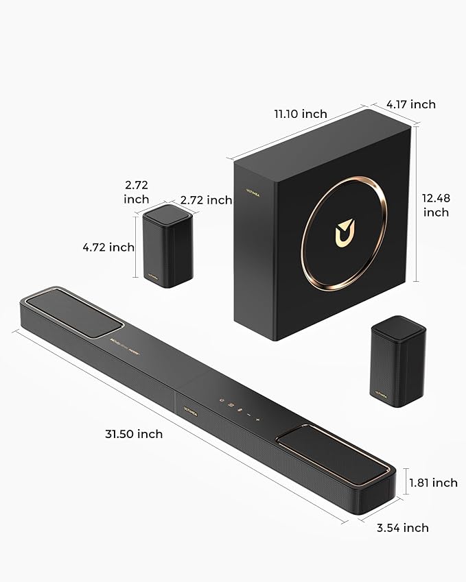 ULTIMEA 5.1.2ch Sound Bar with Dolby Atmos, Surround Sound System for TV with 2 Surround Speakers, Sound Bar for Smart TV, Soundbar with Subwoofer for Home Theater, BT 5.4, HDMI eARC, Skywave F40