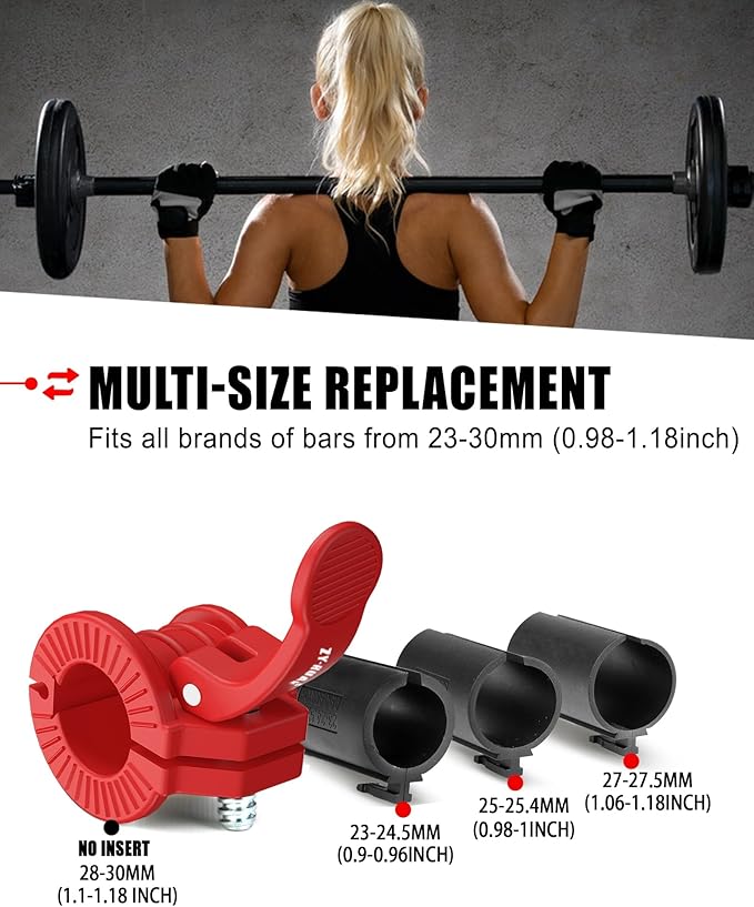 Pro Barbell Clips 1 inch Barbell Clamps 0.9-1.18inch Quick Release Weight Clips for Bars Multi-Size Adjustable Olympic Barbell Clamps
