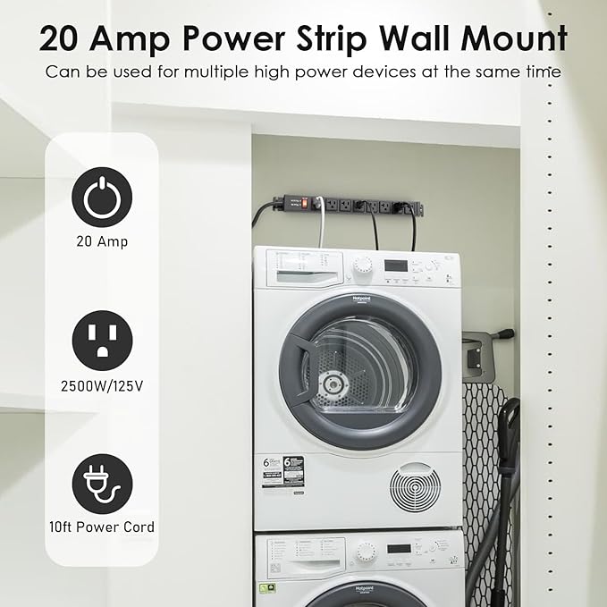 JUNNUJ 20 Amp Power Strip Heavy Duty 2 Pack, 4800J Surge Protector Metal Power Bar Multi Angle Mount, 20A Garage 8 Outlet Shop 6-20R T-Slot, 5-15P Adapter 12 Gauge Extension Cord 10ft for Appliance