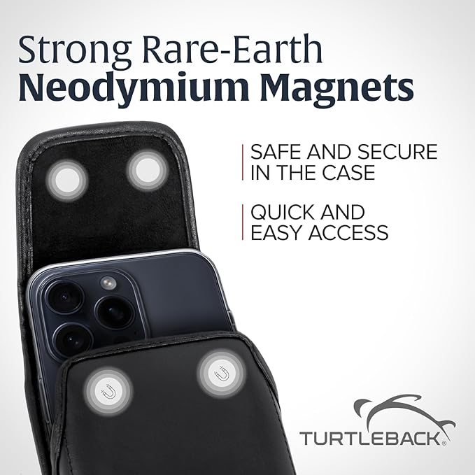 Turtleback Belt Clip for iPhone 16 Pro, 16e, 15 pro 14 Pro 13 Pro -Small- Fits w/Slim MagSafe Style Cases - Premium Black Leather, Vertical Belt Holder, Magnetic Closure, HD Rotating Belt Clip