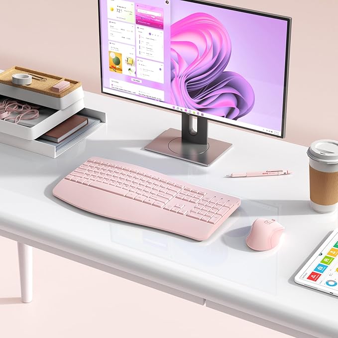 Wireless Keyboard and Mouse - Full Size Ergonomic Keyboard with Palm Wrist Rest Ergonomic Mouse Cordless for Windows Computers Laptops - Light Pink (Upgrade)