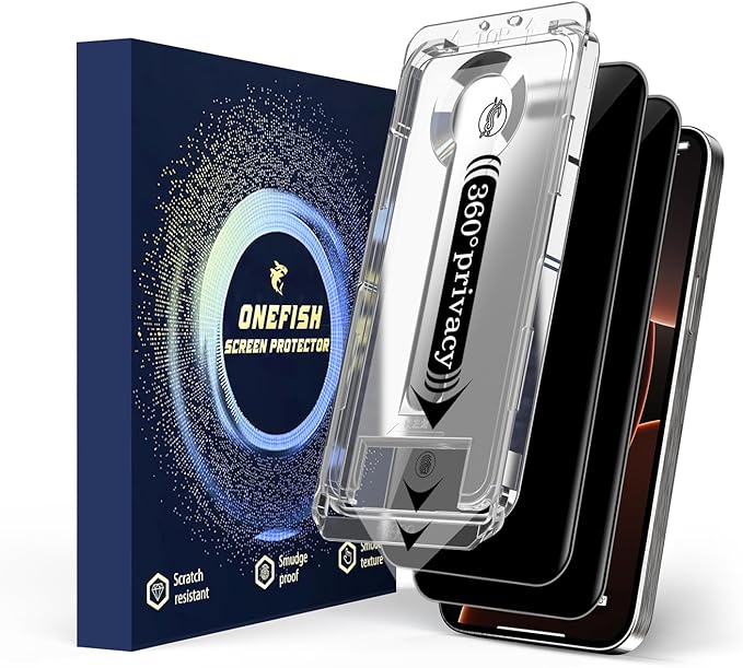 OneFish 2 Pack Privacy Screen Protector for iPhone 16/15-4-Way 360° Anti-Spy Tempered Glass, 9H Hardness, 3D Curved Edges, Case-Friendly & Easy Installation