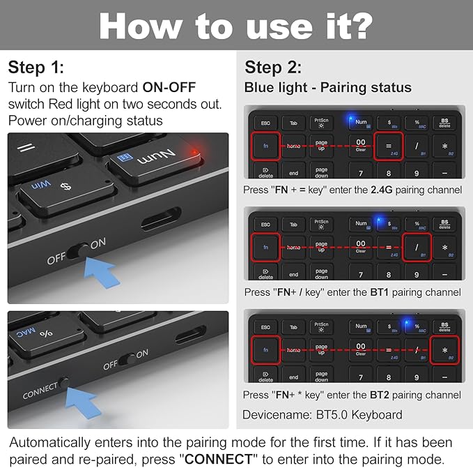 MOFII Bluetooth Number Pad for Laptop - Black Wireless Numeric Keypad 35 Keys USB-C Rechargeable Numpad, Accounting Portable Financial Data 10 Key for Laptop/PC/Desktop/Notebook/Surface Pro