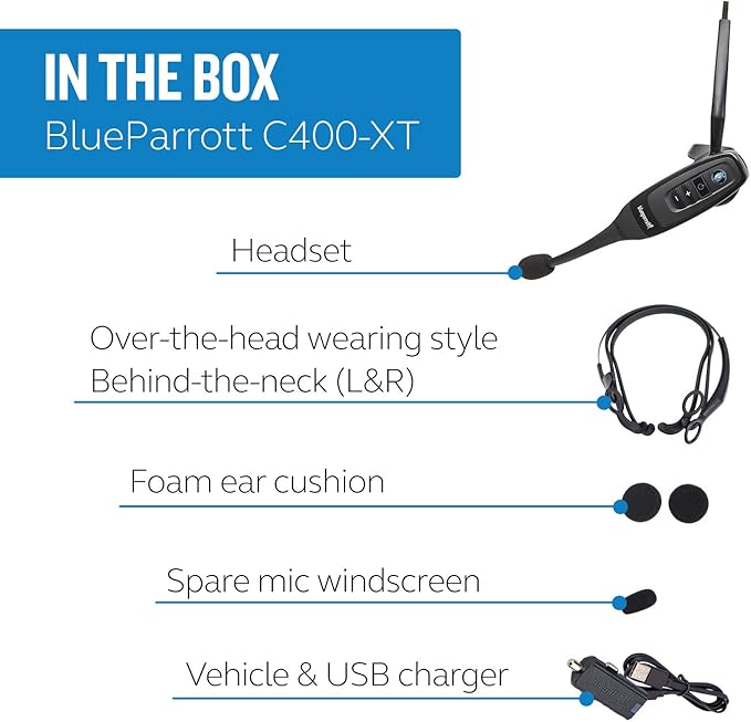 BlueParrott C400-XT Mono Bluetooth Wireless Headphones 96% Noise Canceling Trucker Headset with Mic, Convertible Over Head to Behind Neck Style with 300 ft. Wireless Range, 24 hrs. Talk Time, Black