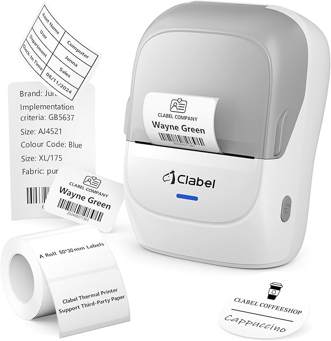 CLABEL Thermal Label Maker Machine: 221B Bluetooth Label Maker Mini Sticker Printer Barcode Printer Inkless Label Maker Compatible with Clothing Price Labeling with 1 Roll of 50x30mm Label(Gray White)