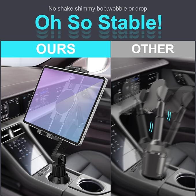 Cup Holder Car Tablet Mount for Truck, 360° Adjustable 15" Long 2-Arm Stand Holder for iPad Pro 12.9/11/10.5/9.7/Air/Mini 6/5/4, Samsung Galaxy Tab/Z Fold 6/5/4, iPhone 16/15/Pro, 4.7-12.9" Tab &Phone