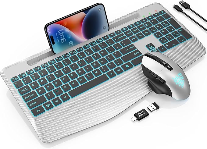 Wireless Keyboard and Mouse Backlits, Wrist Rest, LED Mouse, Rechargeable Ergonomic Keyboard with Phone Holder, Silent Light Up Combo for Computer, Mac, PC, Laptop, Chromebook (Silver Black)