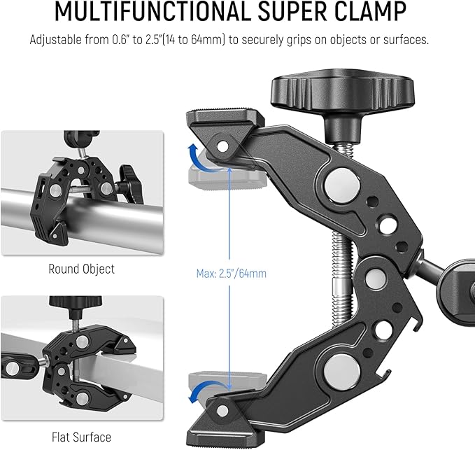 NEEWER Super Clamp with 3" Dual Ballhead Magic Arm, Cold Shoe, 1/4" Threads, Phone/Action Camera Mount Adapter for Desk Tripod Tube Crossbar Gimbal Rods Compatible with SmallRig GoPro DJI, ST83