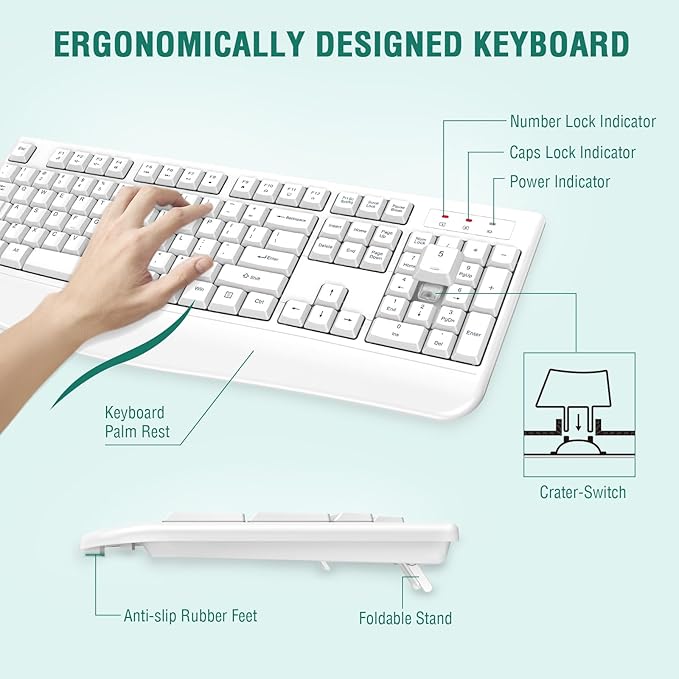 EDJO Wireless Keyboard, 2.4G Ergonomic Full Size Wireless Computer Keyboard with Wrist Rest for Windows, Mac OS Desktop/Laptop/PC（White）